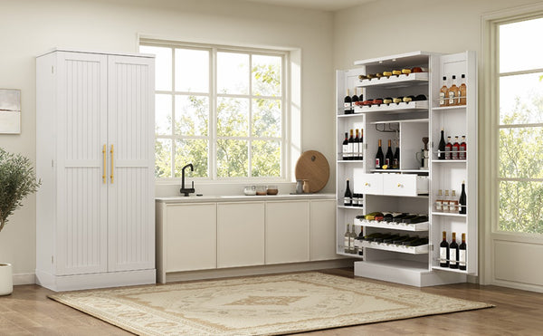 English Elm 70.8 Inch Tall Farmhouse White Wine Cabinet with Pull Out Racks and Glass Holder N728S541180K