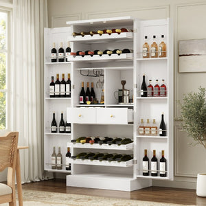 English Elm 70.8 Inch Tall Farmhouse White Wine Cabinet with Pull Out Racks and Glass Holder N728S541180K