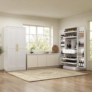English Elm 70.8 Inch Tall Farmhouse White Wine Cabinet with Pull Out Racks and Glass Holder N728S541180K