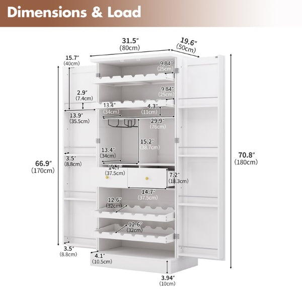 English Elm 70.8 Inch Tall Farmhouse White Wine Cabinet with Pull Out Racks and Glass Holder N728S541180K