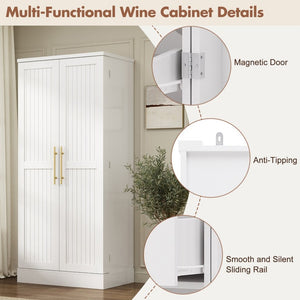 English Elm 70.8 Inch Tall Farmhouse White Wine Cabinet with Pull Out Racks and Glass Holder N728S541180K