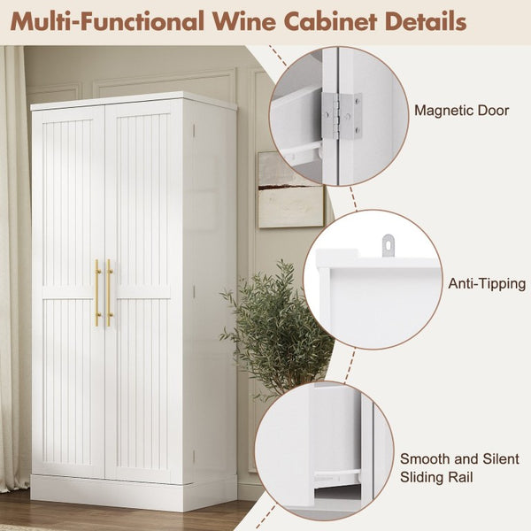 English Elm 70.8 Inch Tall Farmhouse White Wine Cabinet with Pull Out Racks and Glass Holder N728S541180K