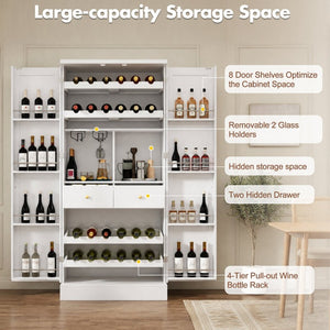 English Elm 70.8 Inch Tall Farmhouse White Wine Cabinet with Pull Out Racks and Glass Holder N728S541180K