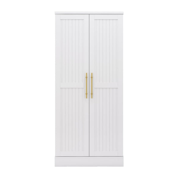 English Elm 70.8 Inch Tall Farmhouse White Wine Cabinet with Pull Out Racks and Glass Holder N728S541180K