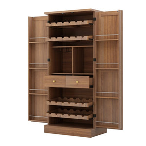English Elm 70.8 Inch Walnut Finish Wine Cabinet with Pull Out Racks Glass Holder and Drawers N728S541180L