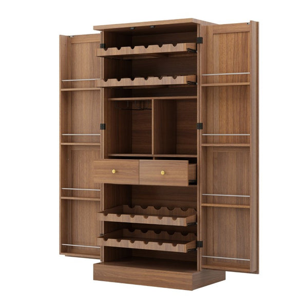 English Elm 70.8 Inch Walnut Finish Wine Cabinet with Pull Out Racks Glass Holder and Drawers N728S541180L