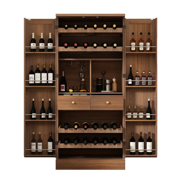 English Elm 70.8 Inch Walnut Finish Wine Cabinet with Pull Out Racks Glass Holder and Drawers N728S541180L