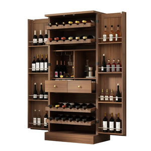 English Elm 70.8 Inch Walnut Finish Wine Cabinet with Pull Out Racks Glass Holder and Drawers N728S541180L