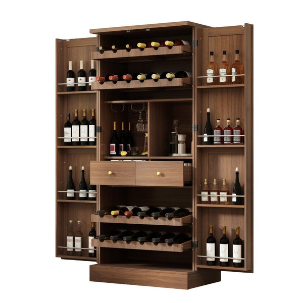 English Elm 70.8 Inch Walnut Finish Wine Cabinet with Pull Out Racks Glass Holder and Drawers N728S541180L