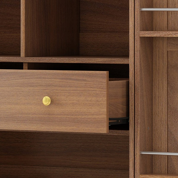 English Elm 70.8 Inch Walnut Finish Wine Cabinet with Pull Out Racks Glass Holder and Drawers N728S541180L