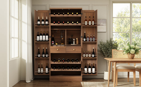English Elm 70.8 Inch Walnut Finish Wine Cabinet with Pull Out Racks Glass Holder and Drawers N728S541180L
