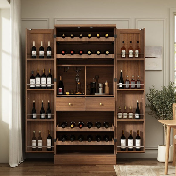 English Elm 70.8 Inch Walnut Finish Wine Cabinet with Pull Out Racks Glass Holder and Drawers N728S541180L
