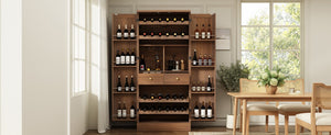 English Elm 70.8 Inch Walnut Finish Wine Cabinet with Pull Out Racks Glass Holder and Drawers N728S541180L