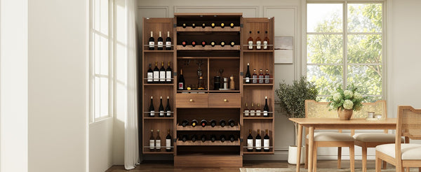 English Elm 70.8 Inch Walnut Finish Wine Cabinet with Pull Out Racks Glass Holder and Drawers N728S541180L