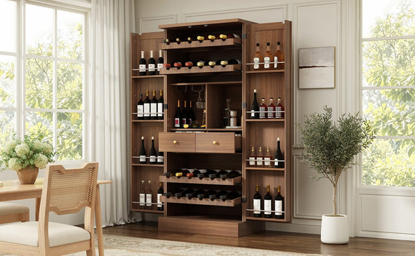 English Elm 70.8 Inch Walnut Finish Wine Cabinet with Pull Out Racks Glass Holder and Drawers N728S541180L