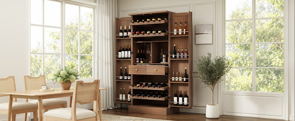 English Elm 70.8 Inch Walnut Finish Wine Cabinet with Pull Out Racks Glass Holder and Drawers N728S541180L