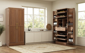English Elm 70.8 Inch Walnut Finish Wine Cabinet with Pull Out Racks Glass Holder and Drawers N728S541180L