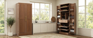 English Elm 70.8 Inch Walnut Finish Wine Cabinet with Pull Out Racks Glass Holder and Drawers N728S541180L