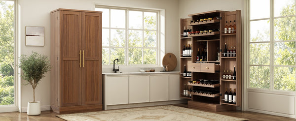 English Elm 70.8 Inch Walnut Finish Wine Cabinet with Pull Out Racks Glass Holder and Drawers N728S541180L