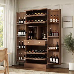 English Elm 70.8 Inch Walnut Finish Wine Cabinet with Pull Out Racks Glass Holder and Drawers N728S541180L