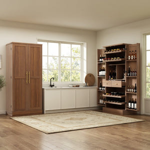 English Elm 70.8 Inch Walnut Finish Wine Cabinet with Pull Out Racks Glass Holder and Drawers N728S541180L