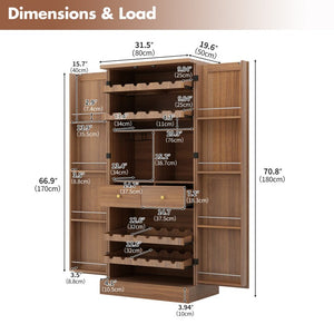 English Elm 70.8 Inch Walnut Finish Wine Cabinet with Pull Out Racks Glass Holder and Drawers N728S541180L