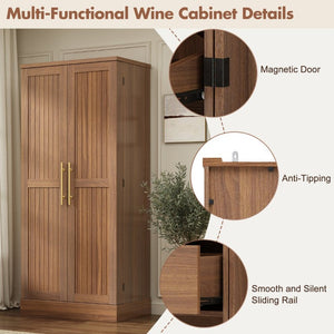 English Elm 70.8 Inch Walnut Finish Wine Cabinet with Pull Out Racks Glass Holder and Drawers N728S541180L