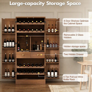 English Elm 70.8 Inch Walnut Finish Wine Cabinet with Pull Out Racks Glass Holder and Drawers N728S541180L
