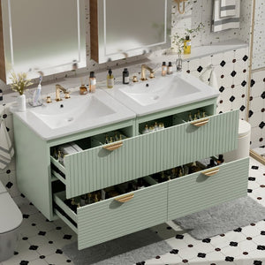 English Elm 48 Inch Wall Mounted Bathroom Vanity Set with Ceramic Sinks 4 Drawers Sage Green N729P000005F