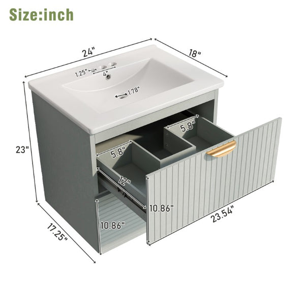 English Elm 48 Inch Wall Mounted Bathroom Vanity Set with Ceramic Sinks 4 Drawers Sage Green N729P000005F