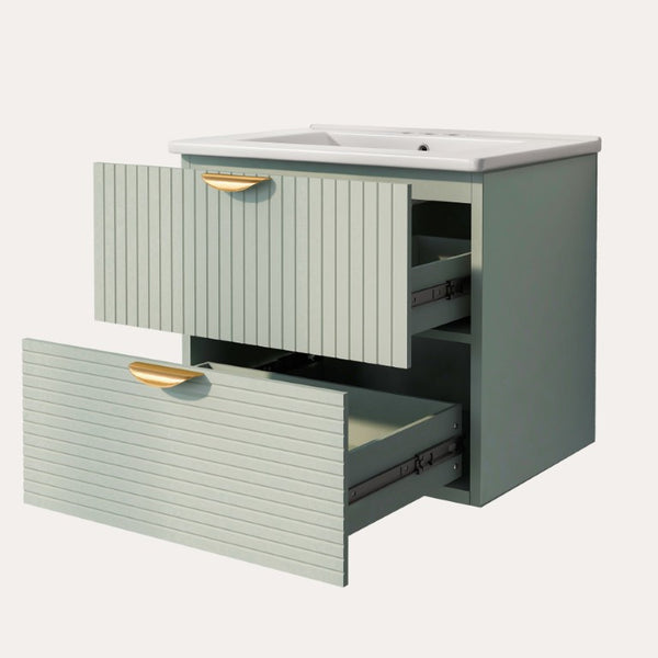 English Elm 48 Inch Wall Mounted Bathroom Vanity Set with Ceramic Sinks 4 Drawers Sage Green N729P000005F