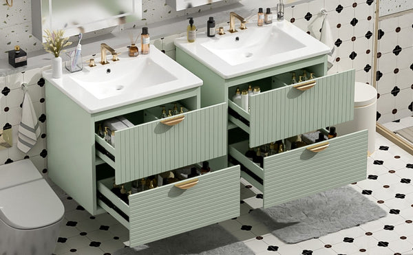 English Elm 48 Inch Wall Mounted Bathroom Vanity Set with Ceramic Sinks 4 Drawers Sage Green N729P000005F