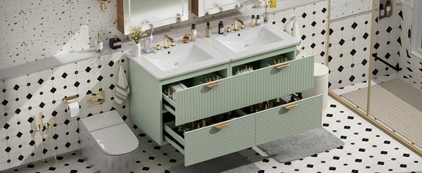 English Elm 48 Inch Wall Mounted Bathroom Vanity Set with Ceramic Sinks 4 Drawers Sage Green N729P000005F
