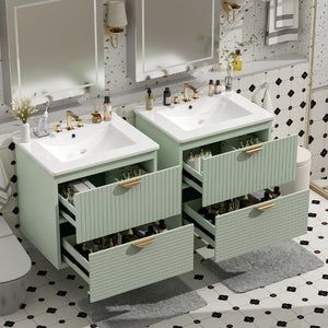 English Elm 48 Inch Wall Mounted Bathroom Vanity Set with Ceramic Sinks 4 Drawers Sage Green N729P000005F