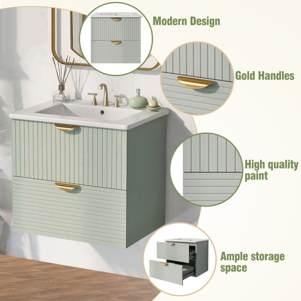 English Elm 48 Inch Wall Mounted Bathroom Vanity Set with Ceramic Sinks 4 Drawers Sage Green N729P000005F