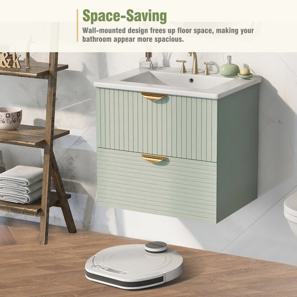 English Elm 48 Inch Wall Mounted Bathroom Vanity Set with Ceramic Sinks 4 Drawers Sage Green N729P000005F