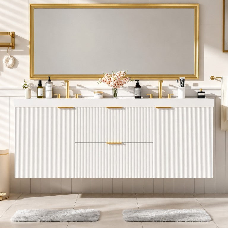 English Elm 59.3-Inch Floating Double Sink Vanity Fluted White MDF Cabinet with Gold Hardware N729P000007K