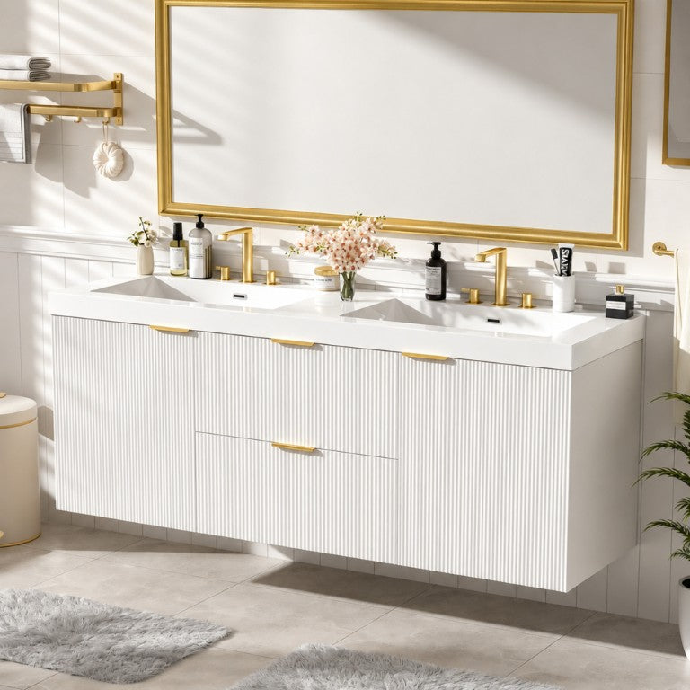 English Elm 59.3-Inch Floating Double Sink Vanity Fluted White MDF Cabinet with Gold Hardware N729P000007K