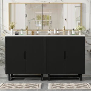 English Elm 60.2 Inch Double Sink Vanity Set Solid Wood Legs Soft Close Doors Matte Black N729P000011B