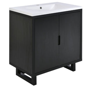English Elm 60.2 Inch Double Sink Vanity Set Solid Wood Legs Soft Close Doors Matte Black N729P000011B