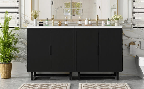 English Elm 60.2 Inch Double Sink Vanity Set Solid Wood Legs Soft Close Doors Matte Black N729P000011B