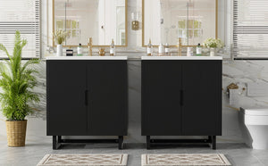 English Elm 60.2 Inch Double Sink Vanity Set Solid Wood Legs Soft Close Doors Matte Black N729P000011B