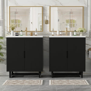 English Elm 60.2 Inch Double Sink Vanity Set Solid Wood Legs Soft Close Doors Matte Black N729P000011B
