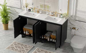 English Elm 60.2 Inch Double Sink Vanity Set Solid Wood Legs Soft Close Doors Matte Black N729P000011B