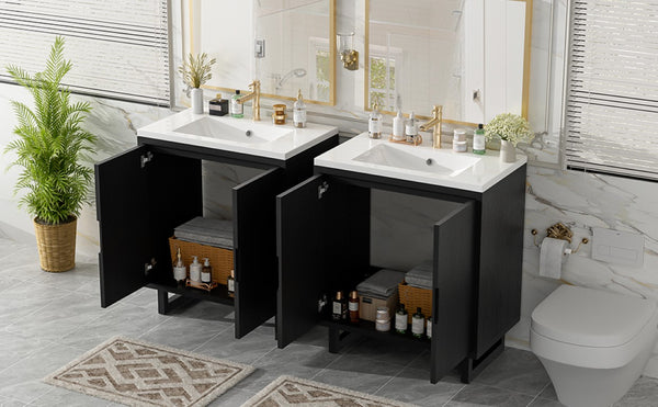 English Elm 60.2 Inch Double Sink Vanity Set Solid Wood Legs Soft Close Doors Matte Black N729P000011B