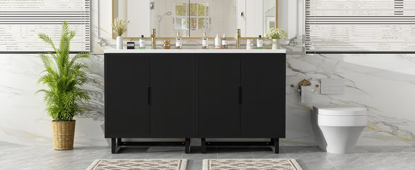 English Elm 60.2 Inch Double Sink Vanity Set Solid Wood Legs Soft Close Doors Matte Black N729P000011B