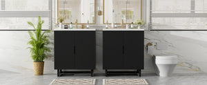 English Elm 60.2 Inch Double Sink Vanity Set Solid Wood Legs Soft Close Doors Matte Black N729P000011B