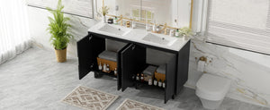 English Elm 60.2 Inch Double Sink Vanity Set Solid Wood Legs Soft Close Doors Matte Black N729P000011B