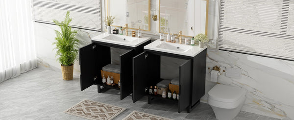 English Elm 60.2 Inch Double Sink Vanity Set Solid Wood Legs Soft Close Doors Matte Black N729P000011B