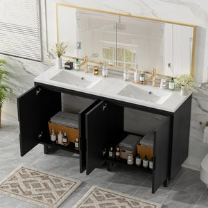 English Elm 60.2 Inch Double Sink Vanity Set Solid Wood Legs Soft Close Doors Matte Black N729P000011B